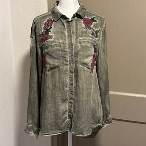 Standard Grace Size S Button Up Blouse Top Shirt Embroidered Flowers Bird
